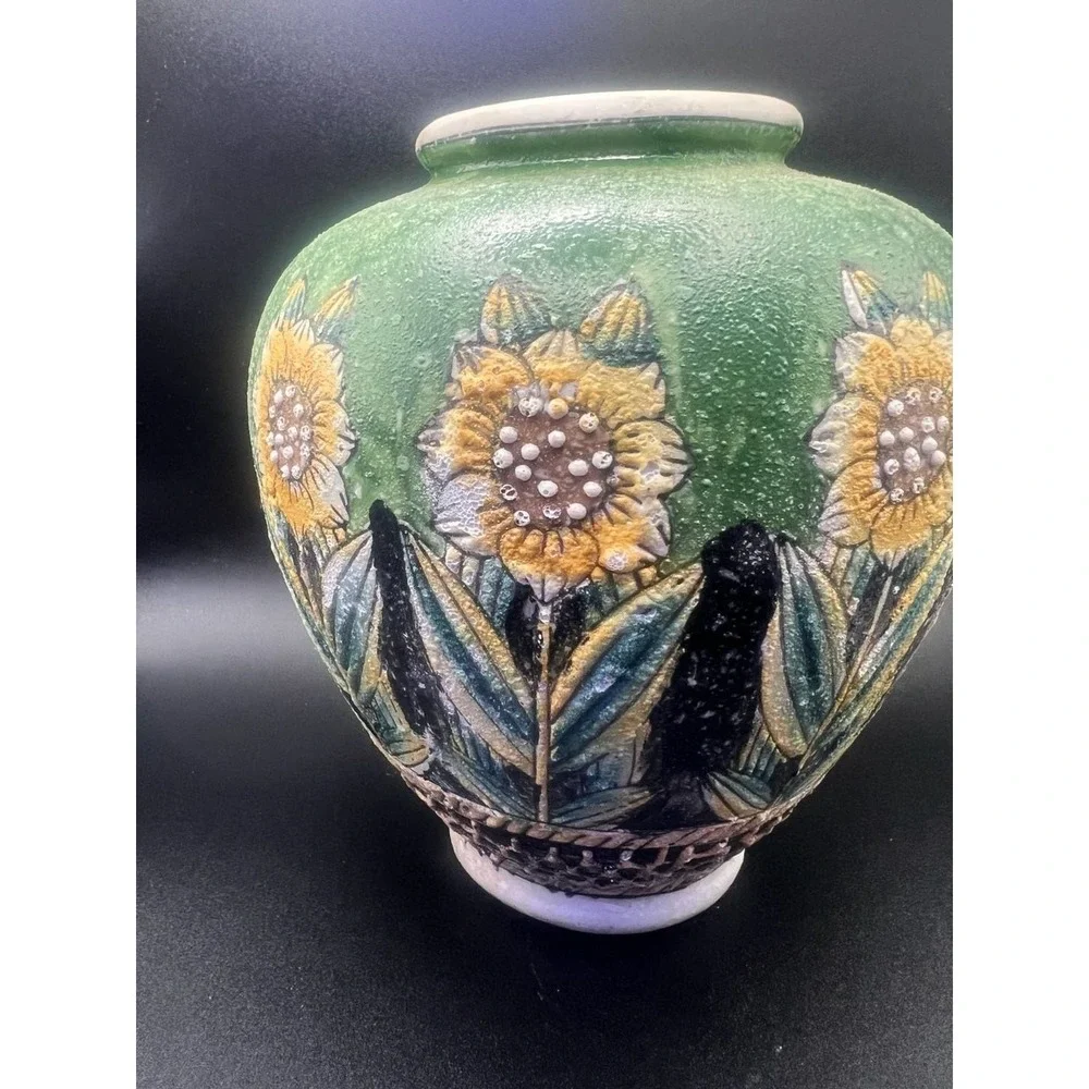 Vintage Chinese Ceramic Sunflower Vase with Textured Raised Design